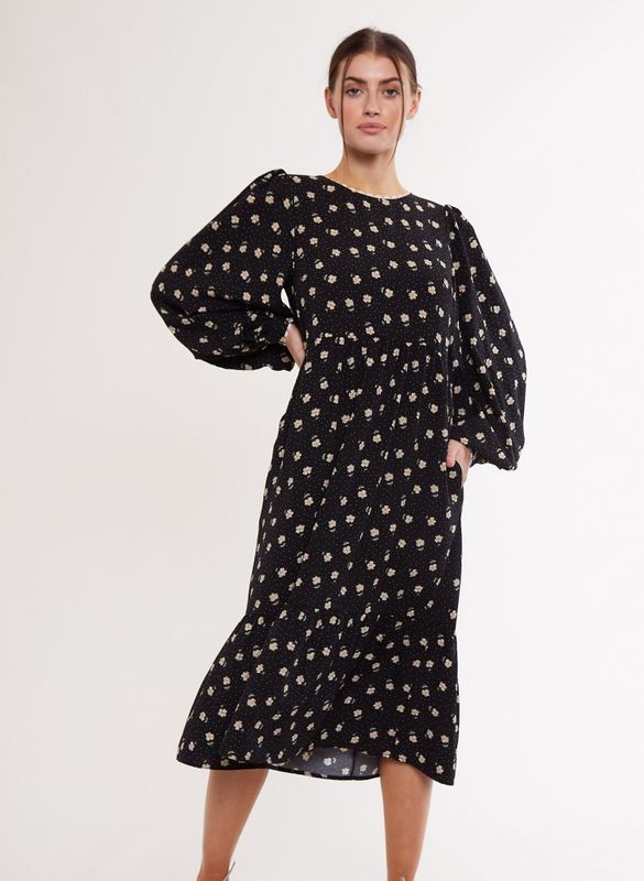 Louche Midikjole Liliane, sort m/blomster