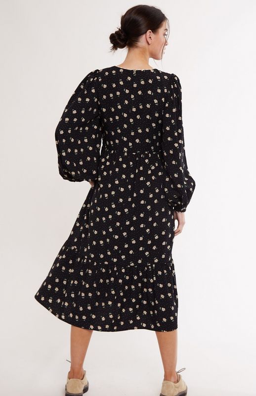 Louche Midikjole Liliane, sort m/blomster