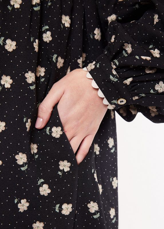 Louche Midikjole Liliane, sort m/blomster